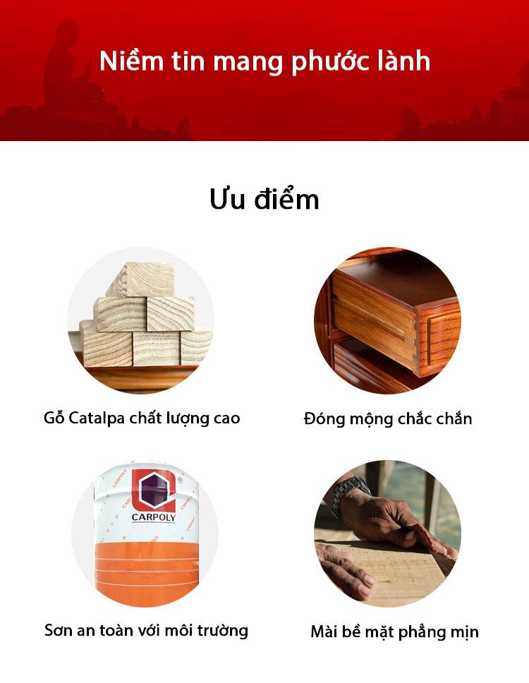 Bàn thờ gia tiên BTC03 - Chất liệu gỗ gõ đỏ cao cấp